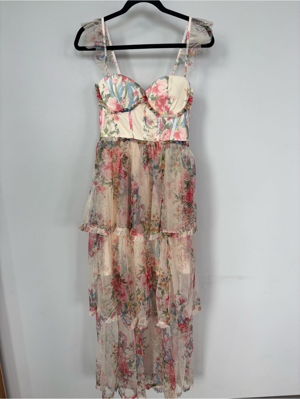 Floral Tiered Maxi Dress in Cream and Pink